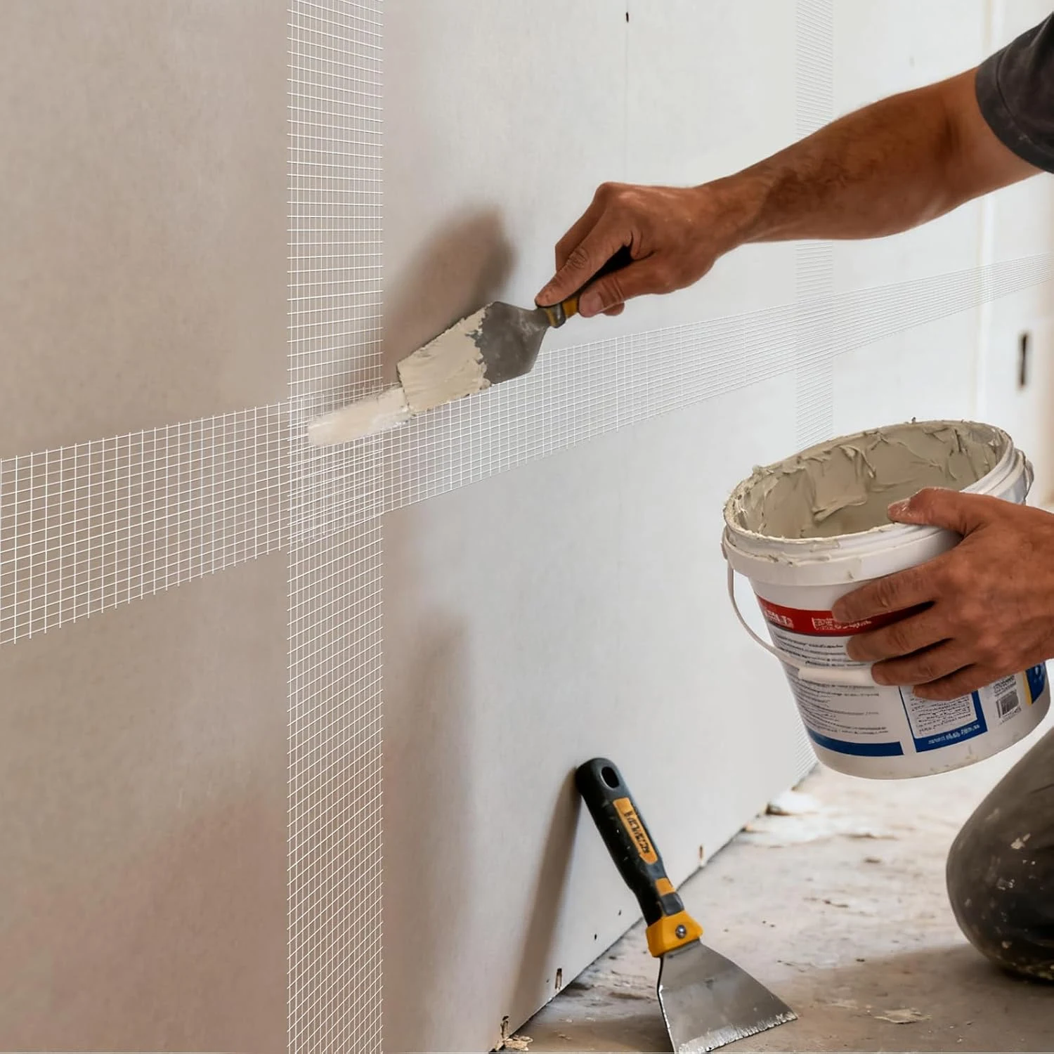 Applying fiberglass mesh tape for drywall joint and wall crack repair