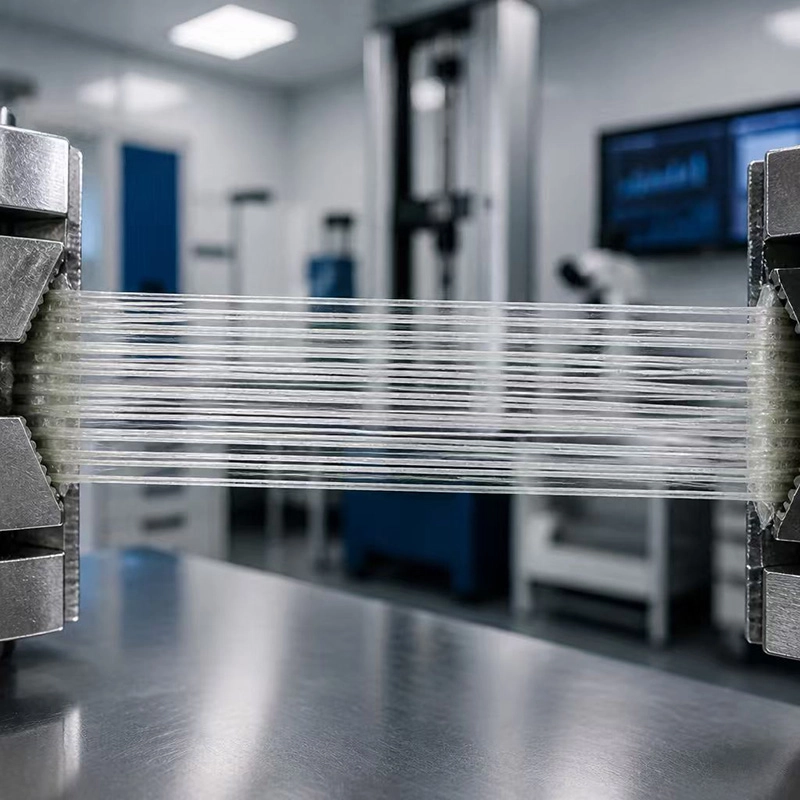 transparent filament-reinforced tape held in a tensile test fixture