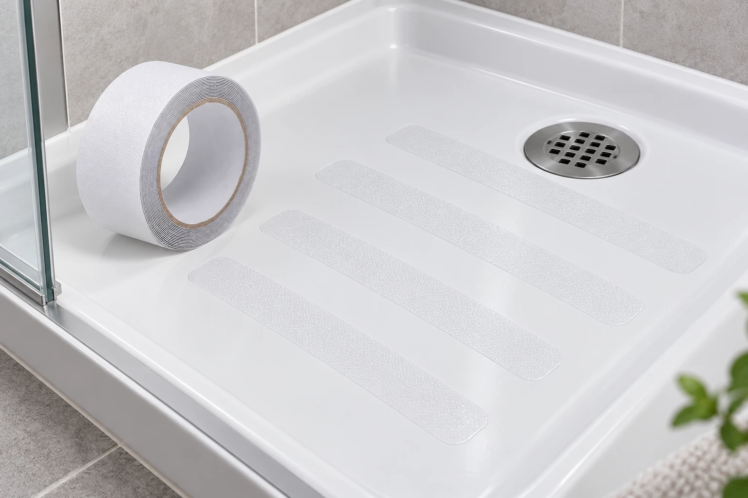 Clear anti-slip tape strips arranged on a white shower tray beside a tape roll