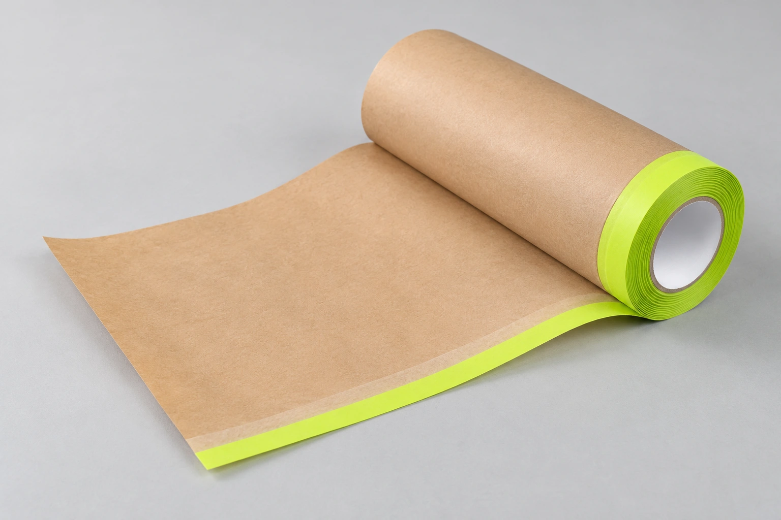 Partially unrolled kraft masking paper with a green pre-taped adhesive edge