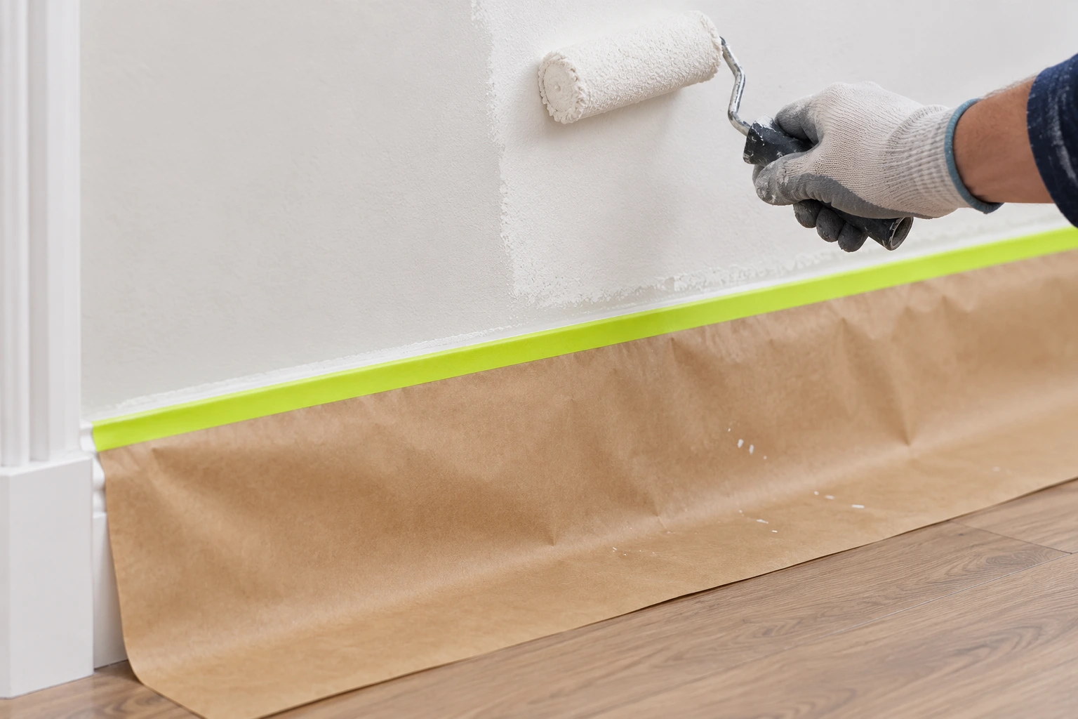 Pre-taped masking paper covering skirting and adjacent flooring during wall painting