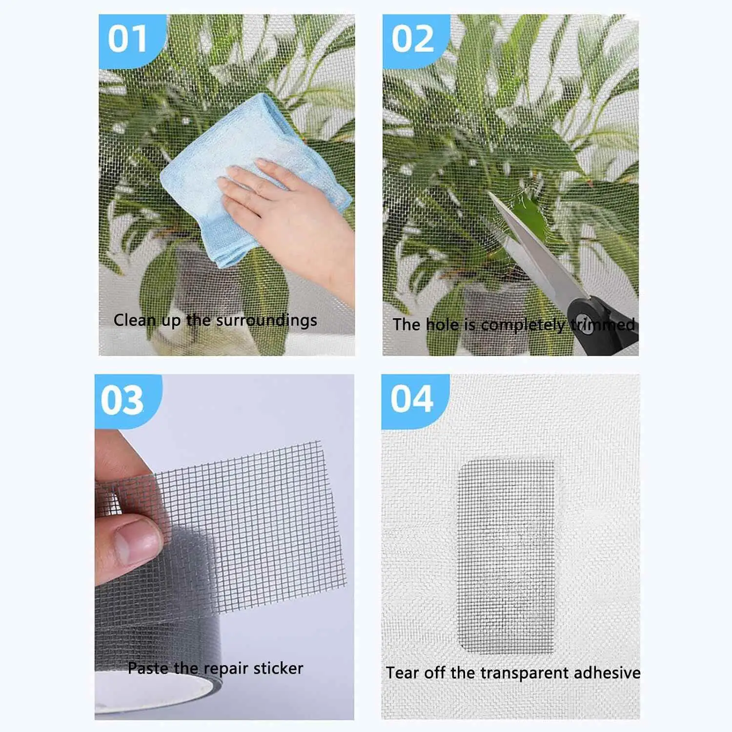 Steps for cleaning and patching localized damage in a window screen
